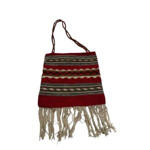 Vintage Vegetal Collecting Carrier Bag Woven‎ Tapestry Fringe Hippie Boho